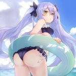 1girl absurdres arched_back ass azur_lane bare_shoulders bikini black_bikini black_bow blue_sky bow breasts brown_eyes clouds cloudy_sky cowboy_shot day dewey_(azur_lane) frilled_bikini frills hair_bow highres innertube lavender_hair long_hair looking_at_viewer looking_back ocean outdoors parted_lips ponta_(velmar) sidelocks sky small_breasts solo standing swimsuit twintails very_long_hair