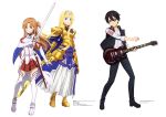  1boy 2girls absurdres alice_schuberg armor artist_request asuna_(sao) black_dress blonde_hair blue_eyes dress guitar highres instrument kirito multiple_girls music singing sword sword_art_online sword_art_online_alicization weapon 