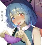  1girl :p bangs bare_shoulders blue_eyes blue_hair blue_vest blush bow bow_panties colored_eyelashes commentary_request eyebrows_visible_through_hair hair_between_eyes hands_up head_tilt heterochromia holding holding_panties nose_blush panties piyodesu purple_panties purple_umbrella red_eyes shirt short_hair simple_background sleeveless sleeveless_shirt smile solo tatara_kogasa tongue tongue_out touhou translated umbrella underwear upper_body vest white_background white_shirt 