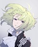  1boy androgynous black_jacket cravat earrings green_hair jacket jewelry lio_fotia looking_at_viewer male_focus open_mouth promare shirikon short_hair smile solo violet_eyes 