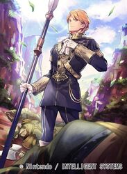  1boy axe boots clouds epaulettes faceless faceless_male ferdinand_von_aegir fire_emblem fire_emblem:_three_houses fire_emblem_cipher garreg_mach_monastery_uniform gloves mountain nagahama_megumi official_art orange_eyes orange_hair polearm sky solo spear sun weapon 