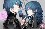  1boy 2girls armor bangs black_armor black_gloves blue_eyes blue_hair byleth_(fire_emblem) byleth_eisner_(female) byleth_eisner_(male) card fire_emblem fire_emblem:_three_houses fire_emblem_cipher gloves hair_between_eyes long_hair looking_at_viewer multiple_girls official_art parted_lips pink_hair red_headwear short_hair simple_background smile tagme toyo_sao 