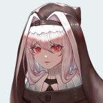  1girl absurdres arknights bangs black_dress chinese_commentary commentary_request dress grey_background habit hair_between_eyes highres looking_at_viewer nun parted_lips portrait red_eyes saigoung_sakon short_hair silver_hair simple_background smile solo specter_(arknights) 