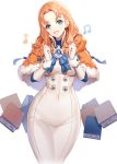  1girl :d annette_fantine_dominique bangs beamed_eighth_notes blue_bow blue_eyes book bow breasts brown_hair cape capelet commentary_request covered_navel dress eighth_note elbow_gloves eyebrows_visible_through_hair fire_emblem fire_emblem:_three_houses forehead fur-trimmed_capelet fur-trimmed_gloves fur_trim gloves groin hands_up head_tilt highres hood hood_down hooded_capelet long_hair looking_at_viewer medium_breasts musical_note open_mouth orange_cape parted_bangs ririko_(zhuoyandesailaer) simple_background smile white_background white_dress white_gloves wide_hips 