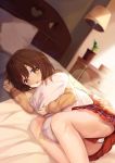  1girl :d absurdres arm_up bangs bed blurry blurry_background blush brown_eyes brown_hair brown_sweater commentary_request depth_of_field eyebrows_visible_through_hair feet_out_of_frame fingernails floor_lamp hagiwara_yukiho hair_between_eyes heart highres idolmaster idolmaster_(classic) lisu long_sleeves looking_at_viewer lying on_bed on_side open_mouth panties pillow pillow_hug plaid plaid_skirt pleated_skirt red_skirt skirt sleeves_past_wrists smile solo sweater underwear white_panties 