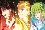  1boy 1girl 1other :d black_hair blonde_hair blue_eyes choker column_lineup earrings enkidu_(fate/strange_fake) fate/grand_order fate/stay_night fate/strange_fake fate_(series) gilgamesh green_hair grin ishtar_(fate/grand_order) jewelry long_hair open_mouth rainbow_order red_eyes sen_(77nuvola) smile upper_body yellow_eyes 