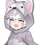 1girl ^_^ ^o^ blush breasts closed_eyes dog_(mixed_breed)_(kemono_friends) eyebrows_visible_through_hair facing_viewer fang grey_hair kemono_friends medium_breasts multicolored_hair nyifu open_mouth raincoat short_hair simple_background smile solo two-tone_hair upper_body white_background white_hair 