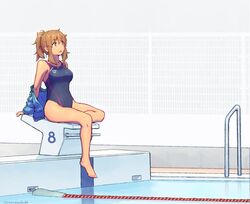  1girl barefoot blue_jacket brown_eyes brown_hair commentary_request competition_swimsuit dated fence full_body grey_background grey_swimsuit jacket long_hair looking_up nakaaki_masashi one-piece_swimsuit open_clothes open_jacket open_mouth original ponytail pool pool_ladder sidelocks sitting solo starting_block striped striped_swimsuit swimsuit twitter_username 