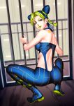  1girl absurdres ass birthmark dark_blue_hair double_bun green_hair green_lipstick highres iron_bars joestar_birthmark jojo_no_kimyou_na_bouken kuujou_jolyne legendarysoulii lipstick looking_at_viewer looking_back makeup multicolored_hair prison solo squatting stone_ocean 