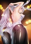  1girl animal_ears ass back black_legwear blue_eyes blush breasts bunny_tail bunnysuit closed_mouth cowboy_shot from_below gotointhepark highres holding holding_hair honkai_(series) honkai_impact_3rd kiana_kaslana large_breasts leotard long_hair pantyhose rabbit_ears shiny shiny_clothes solo standing tail white_hair white_leotard 