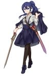  1girl absurdres alternate_costume bag blouse blue_eyes blue_hair breasts casual center_frills corset crest ebinku fire_emblem fire_emblem_awakening high-waist_skirt highres holding holding_jacket holding_sword holding_weapon jacket jacket_on_shoulders legs_apart loafers long_hair looking_at_viewer lucina lucina_(fire_emblem) meme_attire ponytail satchel scabbard sheath shoes simple_background skirt sleeves_rolled_up smile solo suspender_skirt suspenders sword thigh-highs underbust virgin_killer_outfit walking weapon white_background white_blouse 