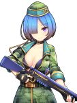  1girl arm_pouch bangs belt bikini bikini_under_clothes black_bikini black_gloves blue_hair camouflage camouflage_shirt camouflage_skirt edamame_senpai fingerless_gloves gloves gradient_hair gun hair_over_one_eye hat highres holding holding_gun holding_weapon looking_at_viewer military_hat multicolored_hair official_art parted_bangs rifle short_hair short_sleeves simple_background skirt smile solo swimsuit violet_eyes vivid_army weapon white_background 