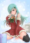  1girl alternate_costume bare_shoulders breasts detached_sleeves green_eyes green_hair kantai_collection long_hair medium_breasts meo_(1271884559) presenting sack smile solo suzuya_(kantai_collection) thigh-highs thighs 