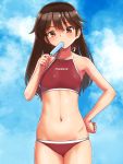  1girl alternate_hairstyle ass_visible_through_thighs bangs bikini blush brown_eyes brown_hair clouds day eyebrows_visible_through_hair flat_chest food food_in_mouth hair_down hand_on_hip highres hip_bones holding holding_food kantai_collection long_hair midriff navel outdoors popsicle red_bikini red_swimsuit ryuujou_(kantai_collection) sky solo swimsuit tsusshi 