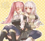  2girls blue_legwear boots closed_eyes english_text fire_emblem fire_emblem:_three_houses food garreg_mach_monastery_uniform hilda_valentine_goneril holding holding_food holding_plate long_hair long_sleeves lysithea_von_ordelia macaron multiple_girls open_mouth pink_eyes pink_hair plate short_sleeves suisui_fe_1123 thigh-highs twintails twitter_username uniform white_hair 