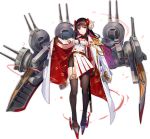  1girl aiguillette azur_lane bike_shorts black_gloves breasts brown_hair brown_legwear chain closed_mouth coat curled_horns double-breasted epaulettes flower fuji_choko full_body garter_straps gloves hair_flower hair_ornament jacket_on_shoulders katana long_hair looking_at_viewer machinery medium_breasts military military_uniform mismatched_legwear official_art open_clothes open_coat pantyhose pleated_skirt rudder_footwear sheath sheathed shirt side_slit single_thighhigh skirt solo standing suruga_(azur_lane) sword tachi-e thigh-highs transparent_background turret uniform violet_eyes weapon white_coat white_shirt white_skirt wing_collar 