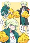  1boy absurdres armband black_jacket cheering cheerleader green_hair headband highres jacket lio_fotia male_focus open_mouth oversized_clothes pom_poms promare rew241 short_hair sleeves_past_wrists solo violet_eyes 