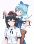 2girls :o bangs black_hair black_neckwear black_ribbon blue_bow blue_dress blue_eyes blue_hair blush bow breasts cirno commentary_request cowboy_shot dress hair_between_eyes hair_bow hand_up hat holding holding_another&#039;s_hair ice ice_wings looking_at_another looking_at_viewer multiple_girls neck_ribbon open_mouth pinafore_dress pom_pom_(clothes) puffy_short_sleeves puffy_sleeves red_eyes red_neckwear red_ribbon ribbon roke_(taikodon) shameimaru_aya shirt short_hair short_sleeves simple_background small_breasts smile standing tokin_hat touhou upper_body white_background white_shirt wings 