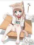 1girl 40hara animal_ear_fluff animal_ears aqua_eyes bangs barefoot blonde_hair box cardboard_box cat_ears cat_girl cat_tail clothes_writing commentary_request fang highres in_box in_container kinako kinako_(40hara) long_hair looking_at_viewer open_mouth original pet_collar shirt skin_fang solo t-shirt tail white_shirt