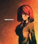  1other androgynous blush brown_hair chara_(undertale) closed_mouth commentary_request jewelry looking_at_viewer necklace oshiruko_(tsume) red_eyes shirt short_hair simple_background smile solo striped striped_shirt striped_sweater sweater undertale 