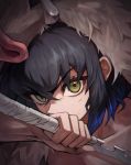  1boy artist_request black_hair face fur gradient_hair green_eyes hashibira_inosuke highres holding holding_sword holding_weapon kimetsu_no_yaiba looking_at_viewer male_focus multicolored_hair muscle pig_mask portrait shirtless short_hair solo sword weapon 