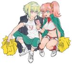  1boy 1girl aina_ardebit blue_eyes breasts cellphone cheerleader green_hair headband jacket lio_fotia long_hair midriff open_clothes open_jacket phone pink_hair pom_poms prma_d promare shirt short_hair side_ponytail skirt smartphone smile t-shirt track_suit violet_eyes 
