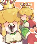  absurdres blonde_hair breasts dress earrings glo-s-s hair_over_eyes highres jewelry large_breasts personification piranha_plant princess_peach red_dress saliva sharp_teeth spikes super_crown suspenders teeth 