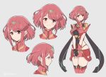  1girl bangs blush breasts covered_navel earrings fingerless_gloves gem gloves hair_ornament headpiece highres pyra_(xenoblade) jewelry large_breasts looking_at_viewer mochimochi_(xseynao) red_eyes redhead short_hair shorts simple_background smile solo swept_bangs tiara xenoblade_(series) xenoblade_2 