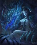  1girl artist_name black_swimsuit blue_eyes blue_theme breasts cave dragon headpiece horns large_breasts long_hair looking_at_viewer open_mouth original pafekui sitting soaking_feet steam swimsuit violet_eyes witch 