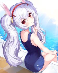  1girl 2drr animal_ears azur_lane bangs bare_arms bare_shoulders blush closed_mouth commentary_request eyebrows_visible_through_hair from_behind hair_between_eyes hair_ornament hairband hand_up highres index_finger_raised laffey_(azur_lane) long_hair looking_at_viewer looking_back old_school_swimsuit pool poolside rabbit_ears red_eyes red_hairband school_swimsuit sidelocks silver_hair sitting soaking_feet solo swimsuit twintails very_long_hair water 