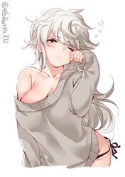  1girl ;o alternate_costume asymmetrical_hair blush cowboy_shot cropped_legs ebifurya eyebrows_visible_through_hair hair_between_eyes half-closed_eyes highres jitome kantai_collection leaning_forward long_hair long_sleeves off-shoulder_sweater off_shoulder one_eye_closed panties rubbing_eyes side-tie_panties silver_hair simple_background single_bare_shoulder sleepy solo sweater twitter_username underwear unryuu_(kantai_collection) very_long_hair waking_up wavy_hair white_background 