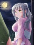  1girl artist_name braid breasts commentary_request dated eyebrows_visible_through_hair flower_knight_girl ginryousou_(flower_knight_girl) grey_hair hair_between_eyes highres japanese_clothes kimono large_breasts long_hair looking_at_another moon night outdoors pink_kimono ponytail smile solo_focus yellow_eyes yukinoshiro 