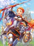  1girl armor armored_boots belt boots castle fire_emblem fire_emblem:_three_houses fire_emblem_cipher gloves headwear_removed helmet helmet_removed horse leonie_pinelli matsurika_youko official_art open_mouth orange_eyes orange_hair petals polearm short_hair sky solo spear teeth weapon 