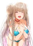  1girl absurdres alternate_costume artist_request azur_lane bangs bikini blue_bikini blush braid breasts choker collarbone double_bun eyebrows_visible_through_hair formidable_(azur_lane) formidable_(the_lady_of_the_beach)_(azur_lane) glowing hair_between_eyes half-closed_eyes hands_on_own_chest happy_tears highres jewelry large_breasts leaning_forward long_hair looking_at_viewer one_eye_closed open_mouth red_eyes ring sidelocks smile solo swimsuit tears very_long_hair wedding_band 