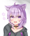  1girl :3 :d absurdres ahoge animal_ears bangs black_collar black_hoodie blush cat_ears collar collarbone commentary_request eyebrows_visible_through_hair fang hair_between_eyes hand_up highres hololive hood hood_down hoodie long_sleeves looking_at_viewer namekuji_ojiichan nekomata_okayu open_mouth paw_background puffy_long_sleeves puffy_sleeves purple_hair sleeves_past_wrists smile solo violet_eyes virtual_youtuber white_background 