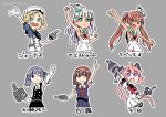  6+girls arm_up armpits bangs black_neckwear blonde_hair blue_eyes blue_sailor_collar braid brown_eyes brown_hair commentary_request dress fang gloves hair_ribbon hairband hat headgear holding holding_weapon janus_(kantai_collection) kantai_collection libeccio_(kantai_collection) long_hair long_sleeves maestrale_(kantai_collection) mini_hat mogamiya_honu multiple_girls nenohi_(kantai_collection) one_eye_closed ooshio_(kantai_collection) orange_eyes orange_hairband parted_bangs pink_hair purple_hair remodel_(kantai_collection) ribbon sailor_collar sailor_dress sailor_hat school_uniform serafuku shiratsuyu_(kantai_collection) short_sleeves short_twintails single_braid sleeveless tan translated turret twintails weapon white_dress white_gloves white_headwear 