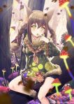  1girl animal_ear_fluff animal_ears apple bangs basket black_shorts blurry blurry_foreground braid brown_hair commentary_request depth_of_field dress eyebrows_visible_through_hair food fruit fur-trimmed_dress grapes green_dress green_eyes hair_between_eyes in_tree ittokyu long_hair long_sleeves mushroom original red_apple short_shorts shorts sidelocks sitting solo sparkle tree twin_braids twintails watermark web_address wide_sleeves 