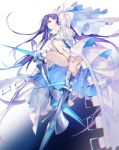  1girl absurdres armor blue_background blue_eyes bow expressionless fate/grand_order fate_(series) full_body gradient gradient_background hair_bow highres long_hair looking_at_viewer meltryllis navel peneko purple_hair revealing_clothes simple_background sleeves_past_wrists solo spikes white_background white_bow white_coat 