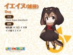  1girl :3 animal_ears black_hair black_legwear blush bow breasts brown_hair brown_legwear brown_skirt chibi closed_mouth copyright_name dachshund_(kemono_friends)_(nyifu) dog_ears dog_tail eyebrows_visible_through_hair kemono_friends looking_at_viewer medium_breasts multicolored multicolored_clothes multicolored_hair multicolored_legwear nyifu original red_bow short_hair skirt smile solo tail translated two-tone_hair 