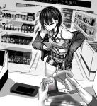  1girl 1other absurdres ball_gag bdsm bondage bound cellphone chen_zi commentary_request eyebrows_visible_through_hair gag gag_around_neck hand_in_pocket highres looking_at_phone midriff monochrome off_shoulder original phone scanner shibari shibari_under_clothes shop shopping short_hair shorts smartphone 