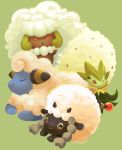  ;) artist_name closed_eyes closed_mouth commentary eldegoss english_commentary fluffy gen_2_pokemon gen_5_pokemon gen_8_pokemon gooompy green_background highres mareep no_humans one_eye_closed pokemon pokemon_(creature) sheep simple_background smile whimsicott wooloo 