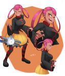  1girl breasts chinese_clothes dark_skin earrings hair_ornament half-closed_eyes highres jewelry large_breasts long_sleeves magnemite nickniceth open_mouth pink_hair pokemon pokemon_masters punk_girl_(pokemon) red_eyes sharp_teeth skirt smile solo_focus striped striped_legwear teeth twintails wide_sleeves 