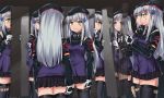  6+girls beret black_legwear clone closed_mouth commission english_commentary facial_mark girls_frontline gloves goggles goggles_around_neck green_eyes hair_ornament hat hk416_(girls_frontline) holding_mirror jacket long_hair long_sleeves mirror multiple_girls persocon93 pleated_skirt reflection sidelocks silver_hair skirt thigh-highs white_gloves 