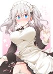  1girl alternate_costume apron black_dress blue_eyes blush breasts closed_mouth dress enmaided eyebrows_visible_through_hair frilled_apron frills garter_belt garter_straps gradient gradient_background kantai_collection kashima_(kantai_collection) large_breasts long_hair long_sleeves looking_at_viewer maid maid_apron maid_headdress panties pink_panties rui_shi_(rayze_ray) silver_hair solo star thighs twintails underwear wa_maid waist_apron wavy_hair wavy_mouth white_apron 