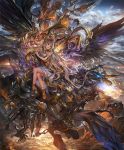 1girl absurdly_long_hair armlet artist_request bare_shoulders breasts canyon chain clouds cloudy_sky creature crossed_legs dress feathered_wings gold_trim hair_between_eyes horns long_hair medium_breasts official_art sandals shadowverse sky very_long_hair vesha_herald_of_ravage white_dress white_hair wings 