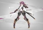  1girl alternate_costume armor azur_lane breasts character_name commentary_request highres holding holding_sword holding_weapon izumo_(azur_lane) katana kuroba_chihiro large_breasts light_blush light_frown long_hair oni_horns pointy_ears purple_hair scabbard sheath solo sword violet_eyes weapon 