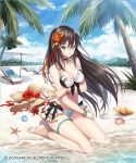  1girl anklet aqua_eyes astrid_(evertale) bangle bangs bare_shoulders beach bikini black_hair bracelet breasts collarbone day evertale flower groin hair_flower hair_ornament hat jewelry kagachi_saku long_hair looking_at_viewer medium_breasts navel ocean official_art outdoors sand shoes_removed sitting solo stomach straw_hat swimsuit thighlet thighs wariza white_bikini 