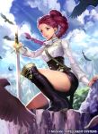  1girl bird boots braid clouds dark_skin facial_mark feathers fire_emblem fire_emblem:_three_houses fire_emblem_cipher garreg_mach_monastery_uniform leaf long_hair nij_24 official_art petra_mcnairy purple_hair red_eyes rock single_braid sky solo sword tree weapon 