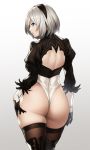  1girl ass back_cutout bangs black_dress black_hairband blue_eyes blush breasts dress feather-trimmed_sleeves hairband highleg highleg_leotard highres houtengeki juliet_sleeves large_breasts leotard long_sleeves looking_at_viewer mole mole_under_mouth nier_(series) nier_automata puffy_sleeves silver_hair solo thigh-highs white_leotard yorha_no._2_type_b 
