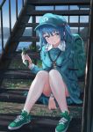  1girl :t backpack bag bangs blue_eyes blue_hair blue_headwear blue_jacket blue_skirt blue_sky breasts cabbie_hat commentary_request cucumber day food green_footwear hair_between_eyes hair_bobbles hair_ornament hat holding holding_food jacket kawashiro_nitori key knees_up lake long_sleeves looking_at_viewer miniskirt outdoors pocket railing roke_(taikodon) shoes short_hair sitting skirt skirt_set sky small_breasts smile sneakers solo stairs touhou two_side_up water 